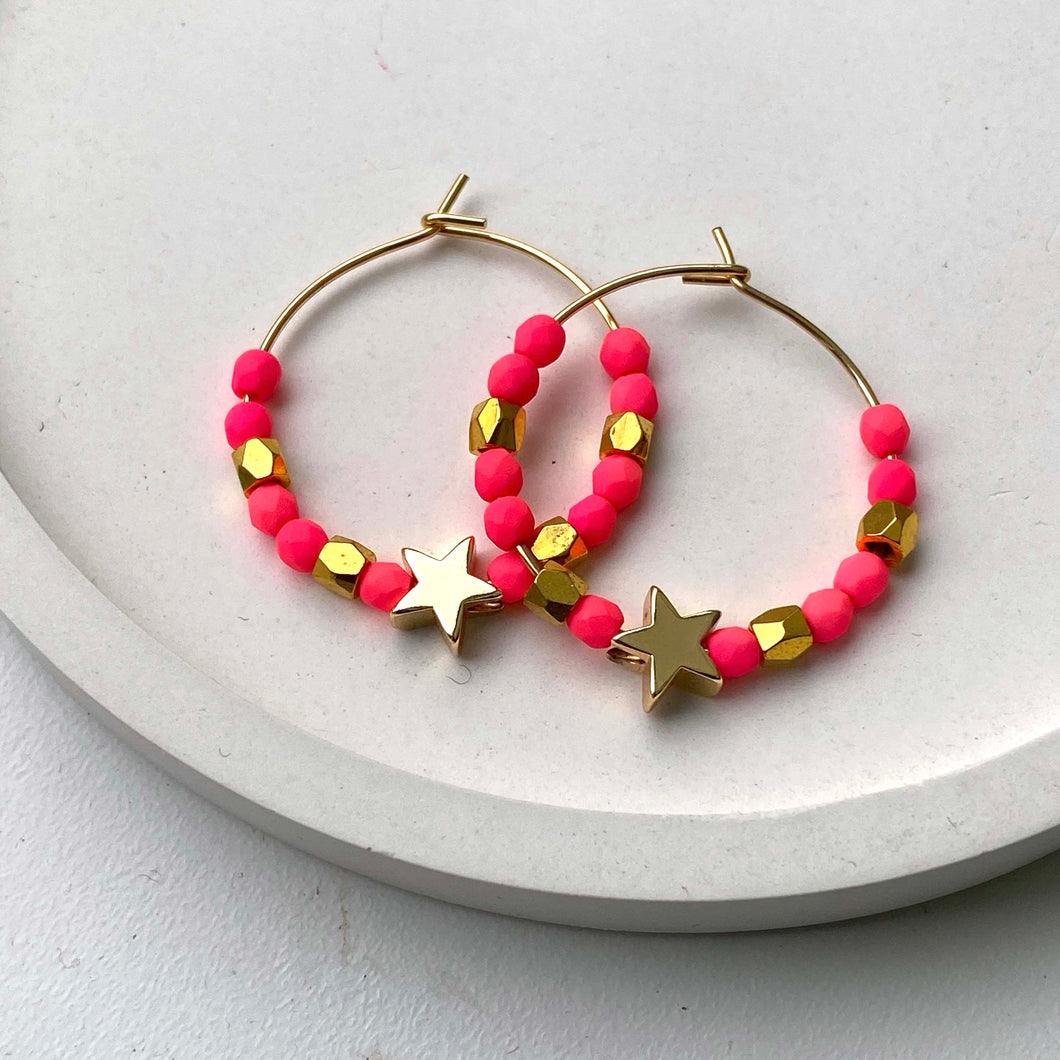 Neon Pink Star Hoops