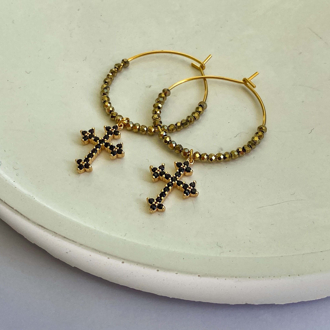 Gold & Black Hoop Cross Earrings