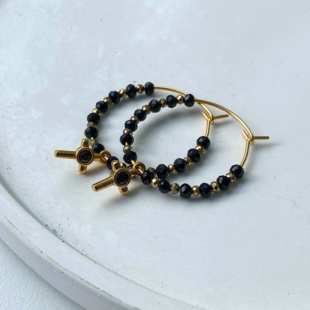 Black & Gold Rosary Hoop Earrings with Cross Pendant