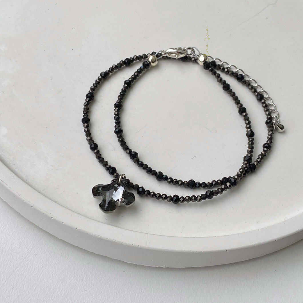 Dark Grey Beaded Heart Wrist Wrap Bracelet