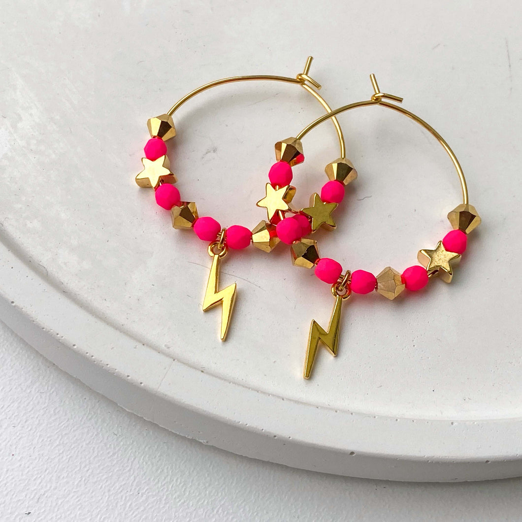 Large Neon Pink & Gold Lightning Bolt Hoop Earrings