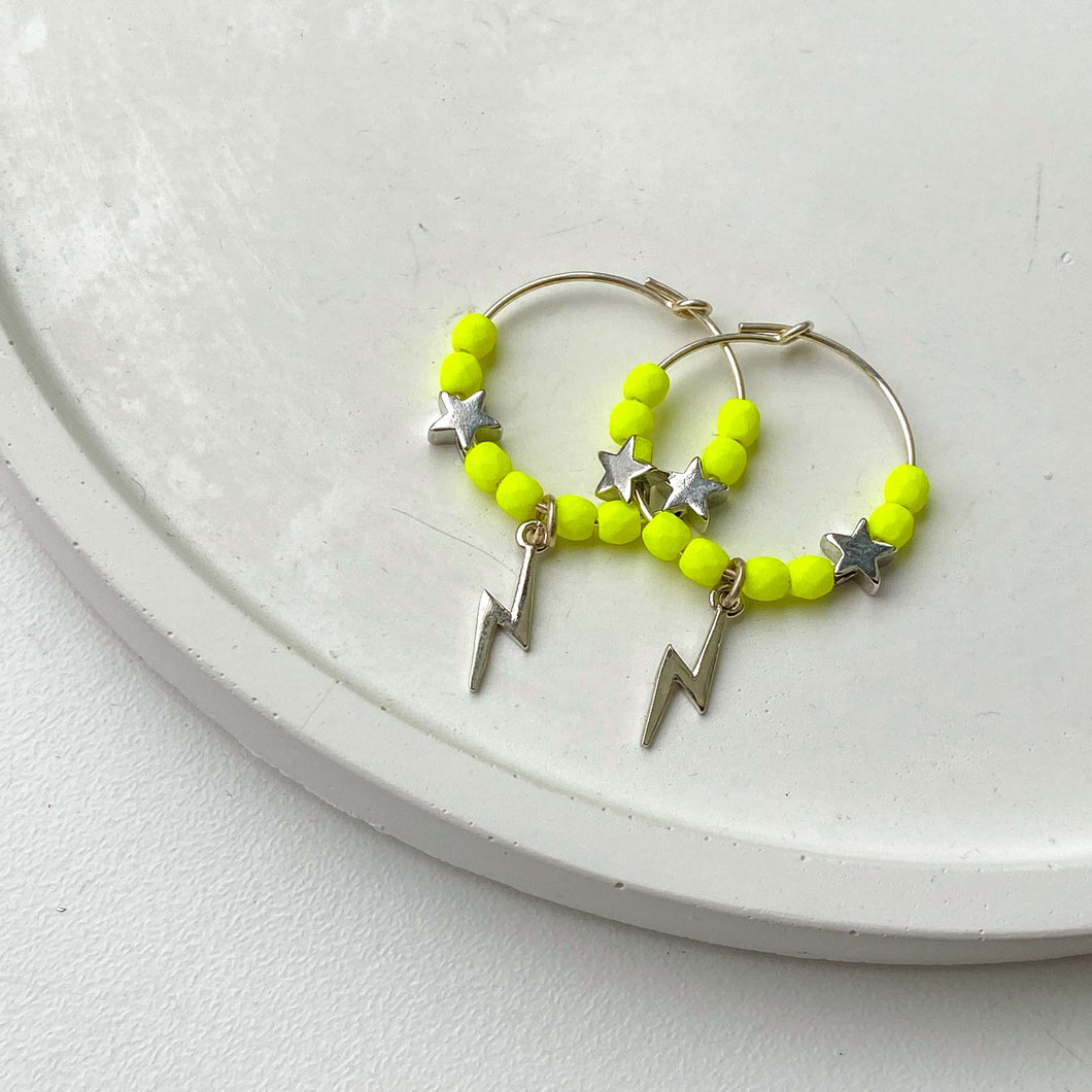 Small Neon Yellow & Silver Lightning Bolt Hoop Earrings